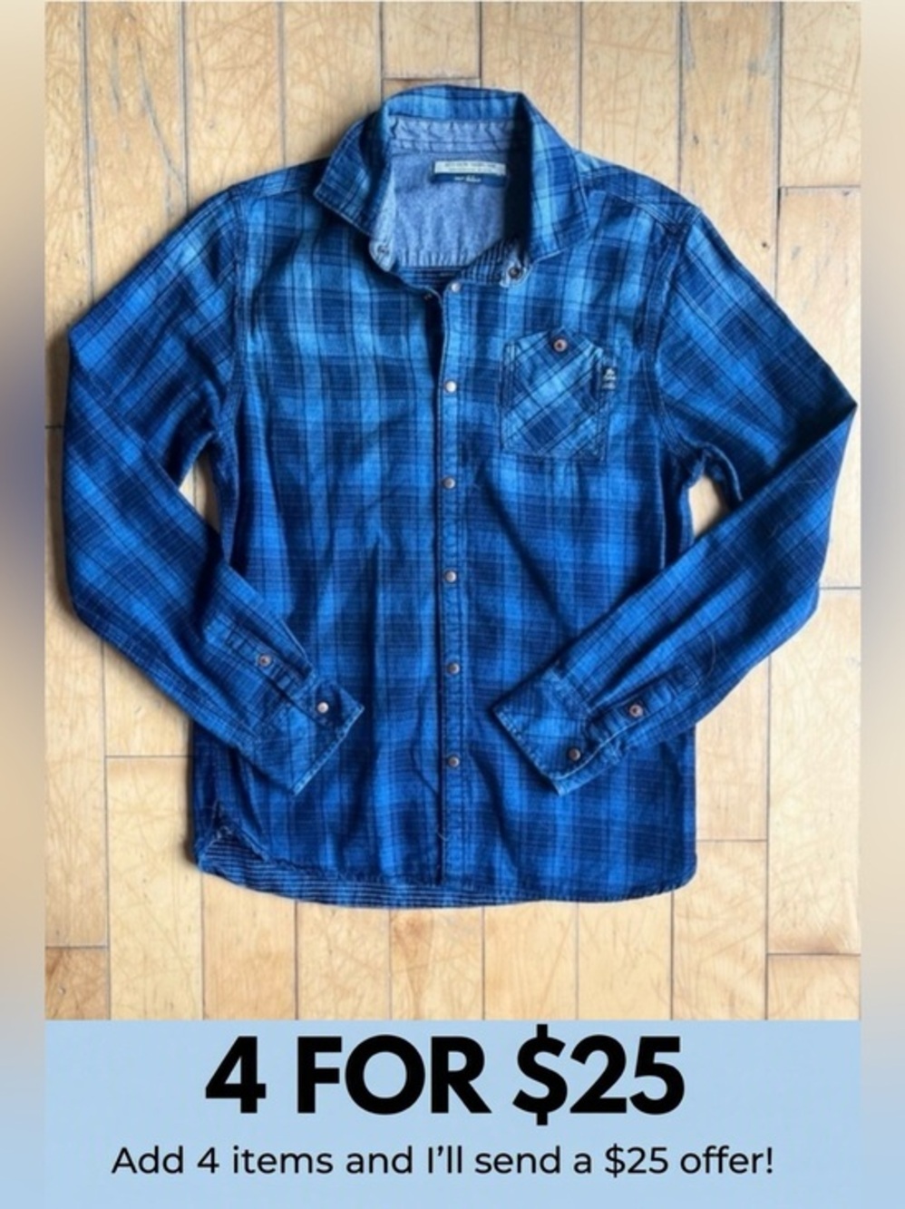 Scotch Shrunk Boys 100% Cotton Blue Plaid Snap-Front Flannel Shirt Size 14